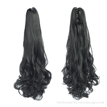 Wholesale Grey Curl Natural Wave Claw-Clip Drawstring Ponytail Extension Hairpiece Synthetic Hair Ponytails For Women Girl